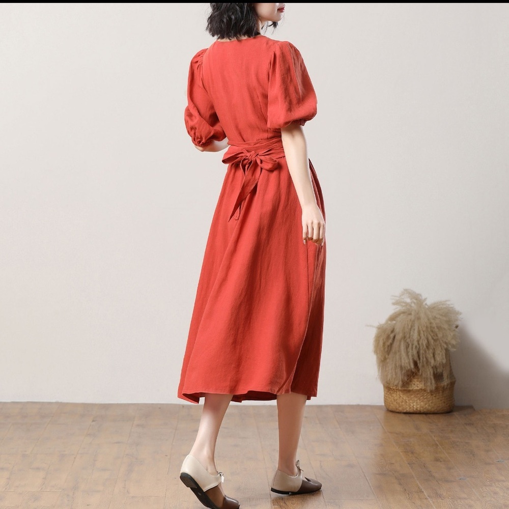 Women's Rust Wrap Midi Dress with Puff Sleeves - Picture 11 of 14